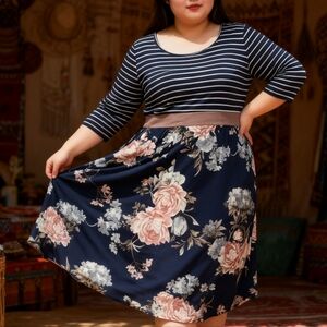 Egy XL Striped Floral Dress Navy Pink Midi Dress 3/4 Sleeve Casual Stretch